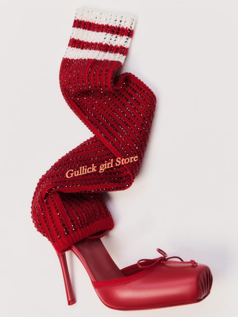Sock Boot Women - أحذية نسائية حمراء محبوكة بمقدمة مربعة